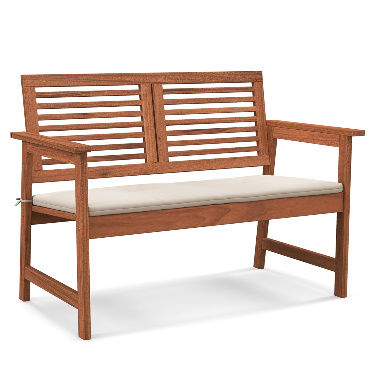 Outdoor Bench With Cushion 2-Person Patio Bench W/Slatted Back And Seat Garden Backyard Balcony
